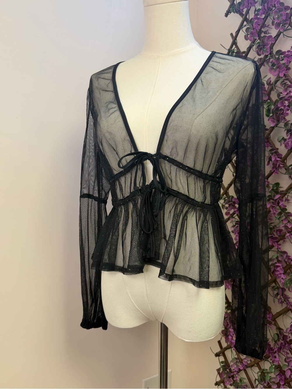 Witchy Sheer Black Tie-Front Lingerie Top